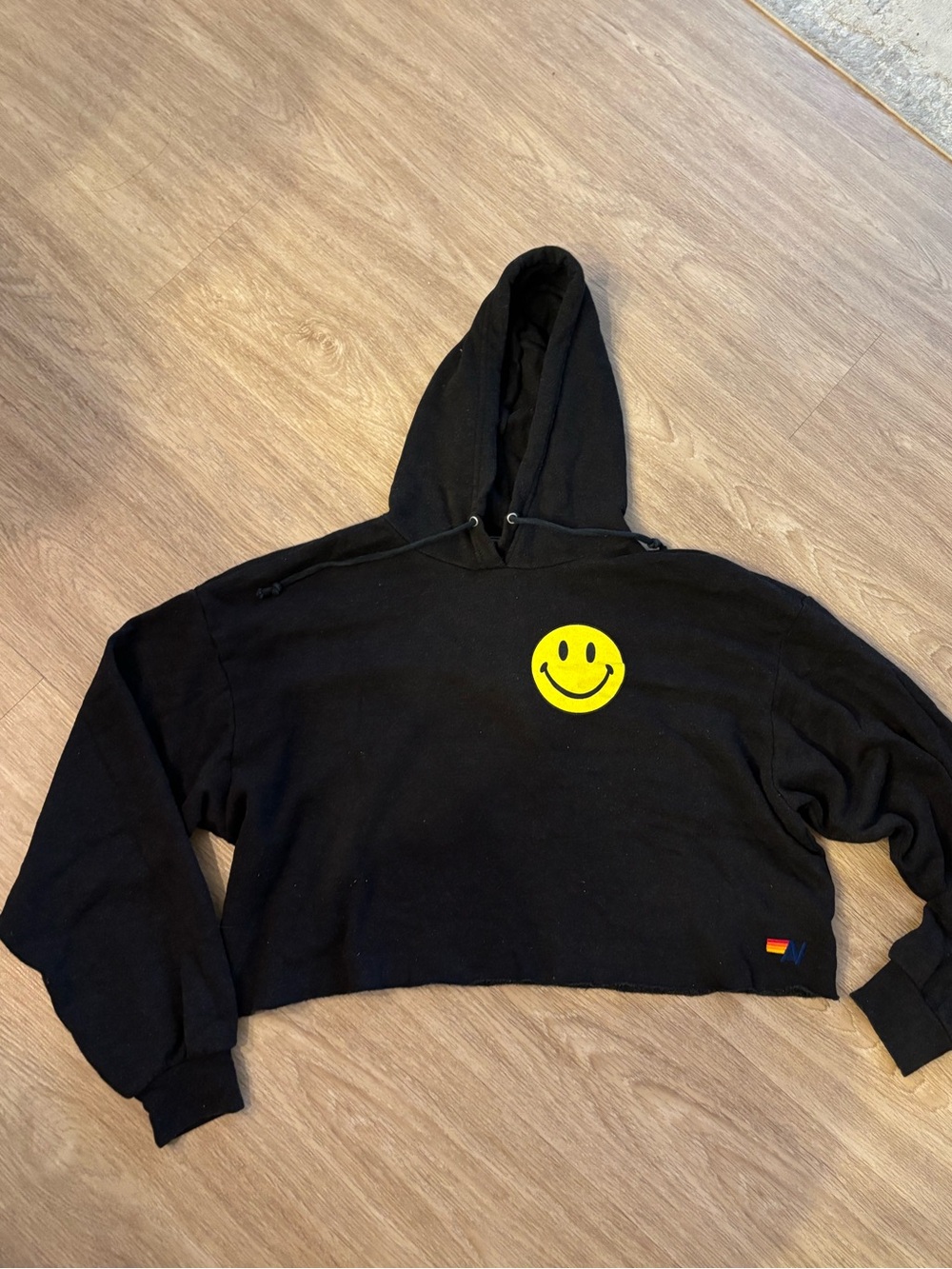 Black Cropped Hoodie Sweater with Yellow Smiley